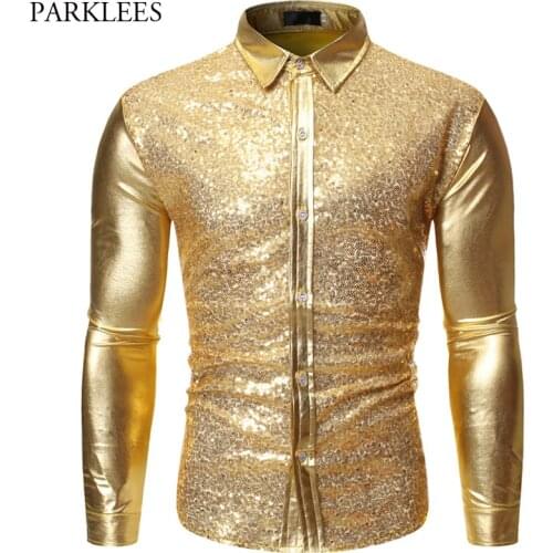 Shiny Gold Sequin Men Shirt Metallic Glitter Mens Party Dance DJ Shirts Stylish Night Club Long Sleeve Shirt Men Camisas Hombre