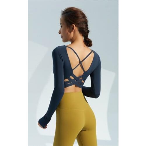 New beautiful back Womens Sports Wear For Fitness Running Long Sleeve large neckline Bra Padded Gym Woman Sport Shirt Yoga Top