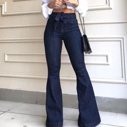 Autumn High Waist Lace Up Boot Cut Womens Jeans Cords Trousers Fashion Litter Stretch Full Length Flare Pants Denim Female Blue