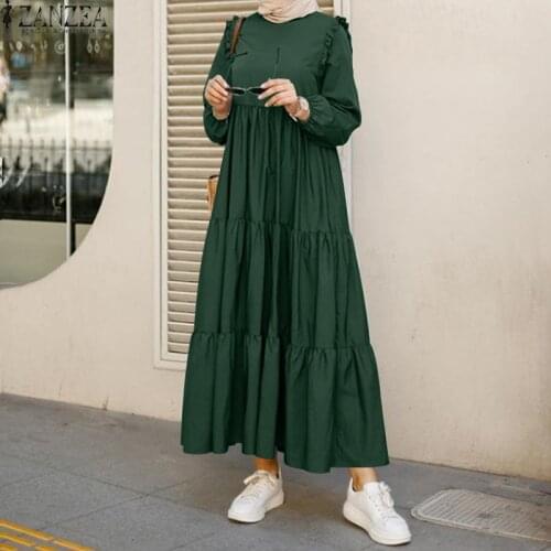 Vintage Ruffles Dress ZANZEA Long Sleeve Muslim Dresses Women Spring Dress Casual Abaya Hijab Dresses Vestido Long Maxi Dresses