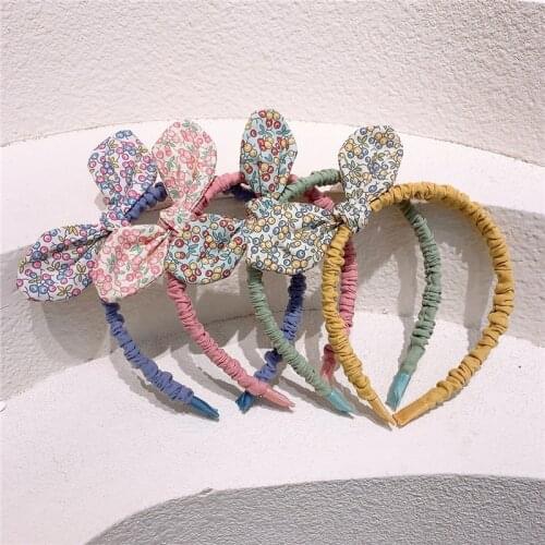 2021 New Korean Cute Floral Fabric Rabbit Ears Childrens Hairband Headdress Sweet Girl Princess Fashion Bow Hair Accessories