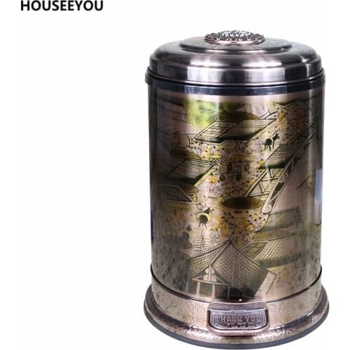 Luxury Trash Bin with Ching Ming River Map Stainless Waste Bin with Plastic Bucket in it Closed Anti-odor Trash Can Kitchen