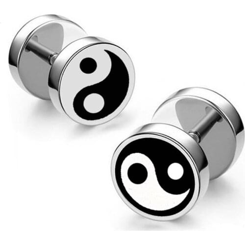 Yin Yang Dumbbell Studs Earring for Men Boy Stainless Steel Tai Chi Gossip Earring Punk Cool Fashion Male Jewelry