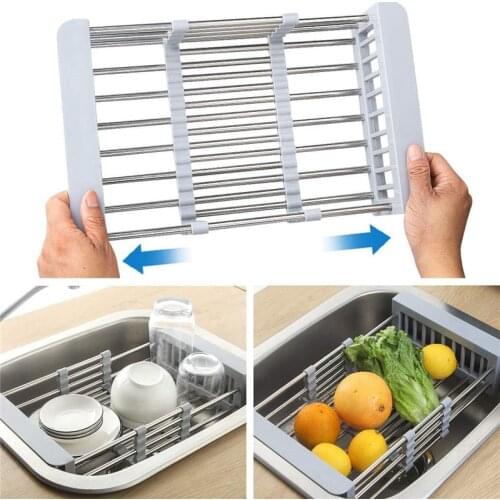Sink Dish Drainer Telescopic Strainer Fruit Vegetable Washing Basket Stainless Steel Colander Collapsible Drainer Kitchen Tools