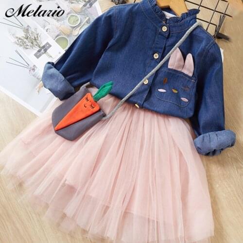 Spring Girl Mesh Dress Cowboy Princess Dresses New bunny Dresses Children Single-Breasted Clothing Casual Mesh Girl Dress Suit