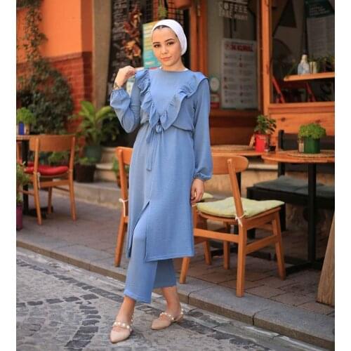 Two Piece Sets Tops and Pants Abaya Kaftan Shabby Double Team Muslim Clothing Set Muslim İslamic Hijab Sets Turkey Dubai 2021