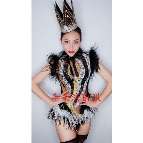 Women New Sexy Nightclub Costume Colorful Stripe Rhinestones Feather Perspective Bodysuit Party Dancer Teams Show Stage Outfits