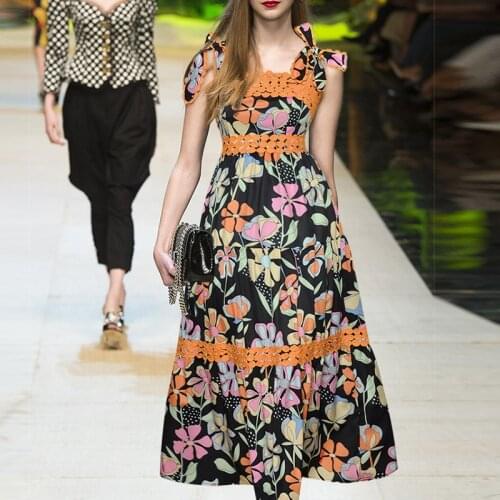 2021 Summer Dress Fashion Design Bow Flowers Printed Water-soluble flower Patchwork Bohemian Spaghetti Strap Dresses