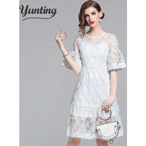 2019 High Quality Luxury Runway Womens Mesh Embroidery Dresses Summer Half sleeve Dress Vestidos