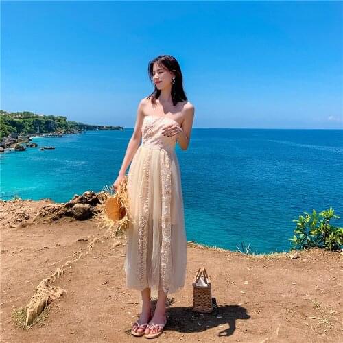 Beach Style Summer Women Strapless Party Dress Fashion Sexy Backless Empire Slim Mid-Calf Mesh Embroidery Princess Gilr Dresses