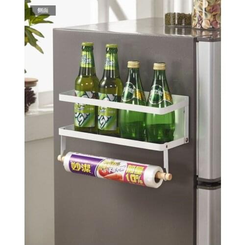 1 Layer Magnetic Spice Rack Kitchen Storage Rack with Hook Paper Towel Holder Hanging Organizer Shelf for Refrigerator Side