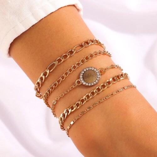 Bohemia Ethnic 5pc Set Geometric Chunky Bracelets Gold Plating Alloy Luxury Women Charm Bracelet