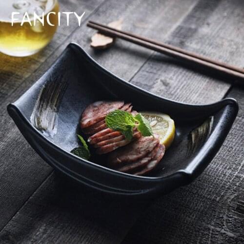 FANCITY Creative Japanese-style ceramic characteristic restaurant tableware Salmon sashimi plate ice plate boat-shaped dish