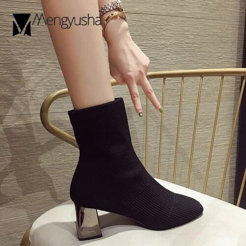 Fly Weaving stretch sock boots women shoes chunky high heels chelsea boots slip on knitting botines silver heels botas mujer2020