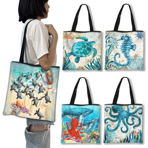 Sea Animal Turtle Octopus Whale Jellyfish Shopping Bags Canvas Tote Girl Shoulder Bag for Travel Women Handbag Shopper Beach Bag