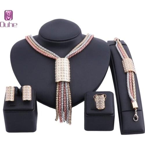 Exquisite Dubai Gold Crystal 3 Color Chain Necklace Jewelry Set Luxury Woman African Beads Jewelry Set Costume Design