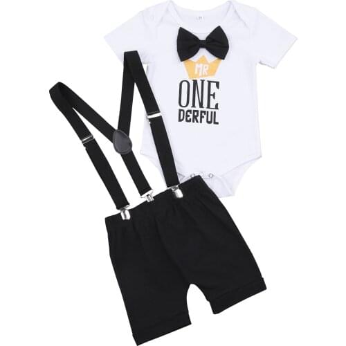 2 Pcs Infant Casual Outfits Summer Baby Letter Crown Print Bowknot Short Sleeve Round Neck Romper + Solid Color Suspender Pants
