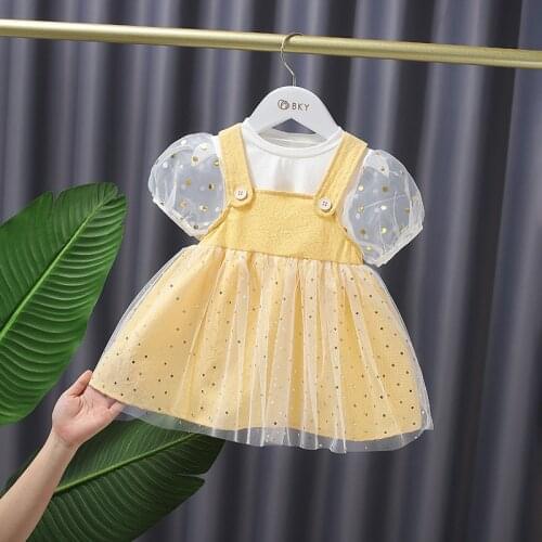 Summer Baby Girls Dot Puff Short Sleeve Tops T-shirt+mesh Overall Dress 2pcs Sets Infantprincess Clothes Suits Kids