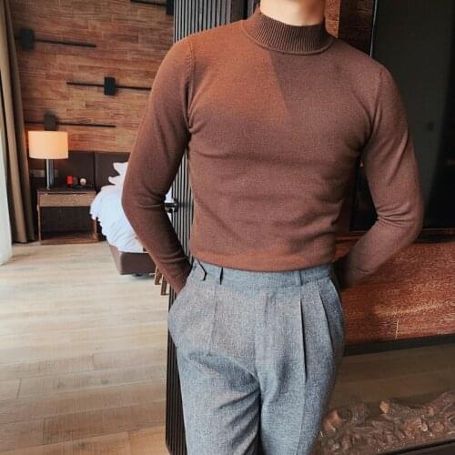Mens Autumn and Winter Casual Knitted Sweaters,long-sleeved, Thin-line Sweaters, British Semi-high Collar Solid Color Pullovers