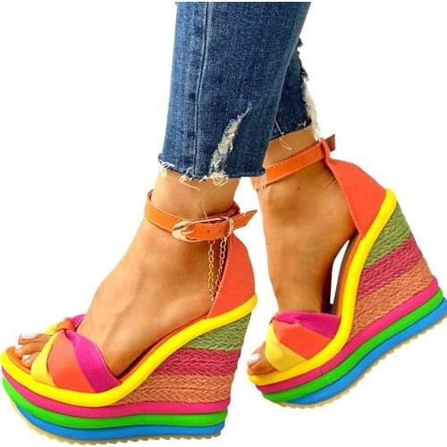 Elegant INS Hot Sale Rainbow Colorful 2021 Summer Wedges Sandals Party Platform Extreme High Heels Shoes Woman Plus Size 43