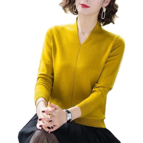 2021Autumn Winter Womens V-neck Sweater Loose Solid Color Short Long Sleeved Pullovers Female Fashion Soft Knitwear Jumper Q59