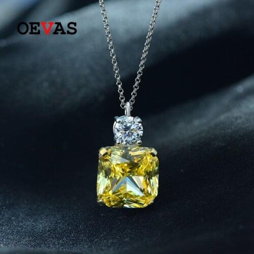 OEVAS 100% 925 Sterling Silver 15*15mm Yellow High Carbon Diamond 43cm Pendant Necklace For Women Sparkling Party Fine Jewelry