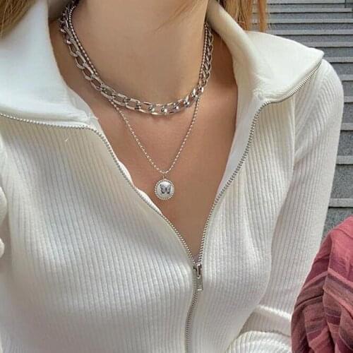 Korean Multilayer Butterfly Coin Pendant Necklace For Women Gold Silver Color Thick Chain Necklaces 2021 Trend Jewelry