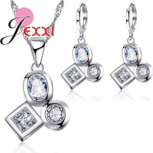 Unique Oval Square Round Cubic Zirconia Design Jewelry Sets 925 Sterling Silver Necklace/Earrings Wholesale