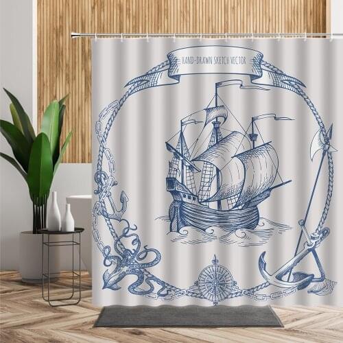 3D Ocean Style Shower Curtain Sailboat Octopus Anchor Compass Hand Drawn Bathtub Screen Waterproof Cloth Bathroom Curtains Decor