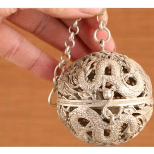 Chinese tibet silver dragon phoenix statue pendant Incense ball Art netsuke