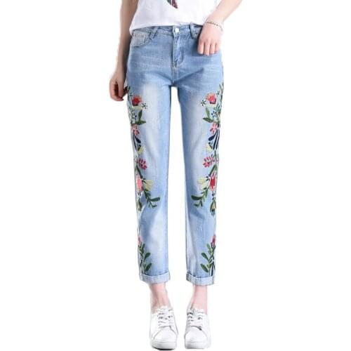 2020 New embroidery jeans womens High waist loose retro Straight pants Female Spring summer Casual embroidered cowboy pants
