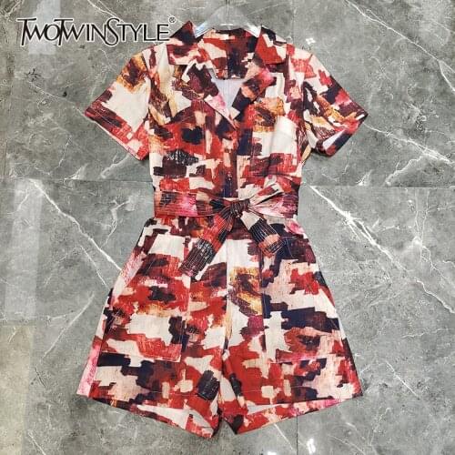 TWOTWINSTYLE Print Casual Jumpsuit For Women Lapel Short Sleeve High Waist Lace Up Bowknot Hit Color Loose Jumpsuits Female New