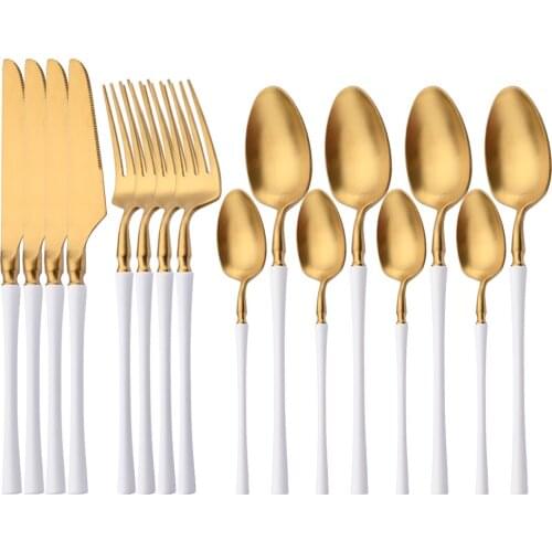 16Pcs/Set White Gold 18/10 Stainless Steel Dinnerware Cutlery Set Fork Coffee Spoon Knife Set Matte Tableware Kitchen Flatware
