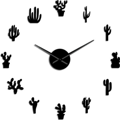 2021 3D Plant Mirror Digital Sticker Cactus Wall Clock Diy Frameless Big Time Bedroom Living Room Wall Mute Clock
