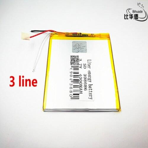 3 line 2pcs/lot Good Qulity 3.7V,4000mAH 398686 Polymer lithium ion / Li-ion battery for tablet pc BANK,GPS,mp3,mp4