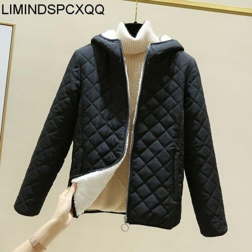 Hooded Cotton Clothes Coats Womens 2021 Plus Velvet Thicken Winter Short Slim Zipper Jackets Lattice Casacos De Inverno Feminino