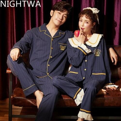 NIGHTWA Autumn 100% Cotton Couple Nightwear Winter Warm Long Sleeve Pajamas Set for Women Turn-down Collar Print Mens Sleepwear