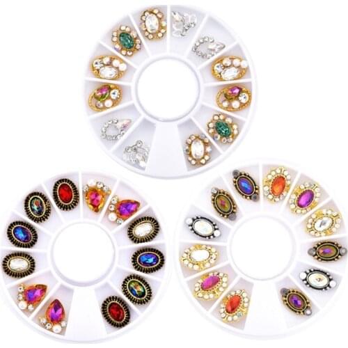 Q1QD Nail Art Accessories Sharp Bottom Acrylic 3D Luxury Diamond Nail Rhinestone Diamond 12 Grid Disc Box Mixed Color 12 Grid