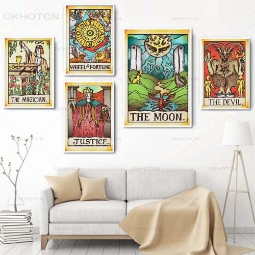 Retro Star Tarot Moon Sun Devil Tower Vintage Nordic Posters and Prints Wall Art Canvas Painting Wall Pictures for Bedroom Decor