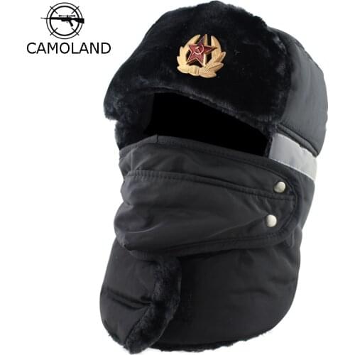 Winter Bomber Hat Men Soviet Badge Russia UshankaTrapper trooper cap Waterproof Faux Fur Earflap Snow Night Reflective Warm Hat
