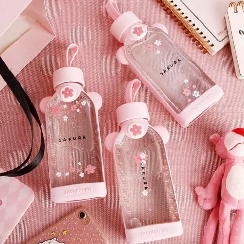 Cherry Blossom Glass Water Bottle Pattern Transparent Creative Fresh Cute Girl Heart Portable Sports Outdoor Cup Kawaii Bottle