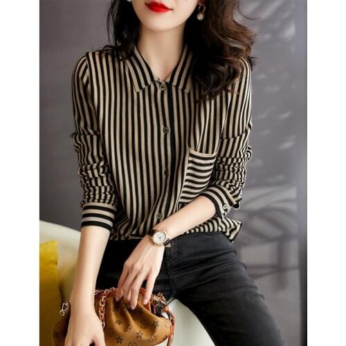 Striped knitted shirt 2021 spring new long sleeve loose and thin foreign style Pocket Shirt Blouse