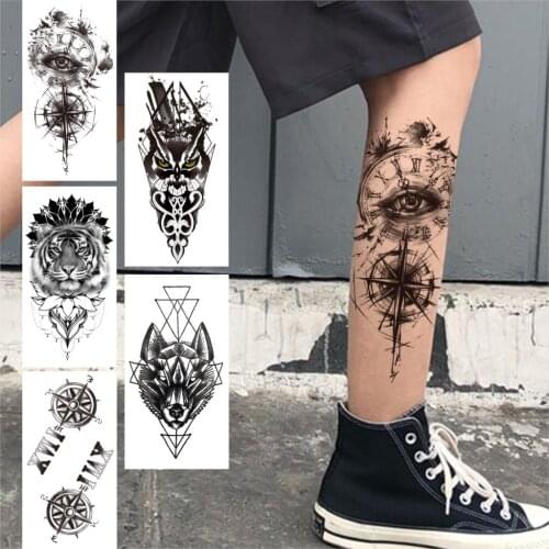 Compass Eye Temporary Tattoos For Men Women Adult Fake Owl Wolf Tiger Tattoo Sticker Geometric Black Jewelry Chains Tatoos Decal