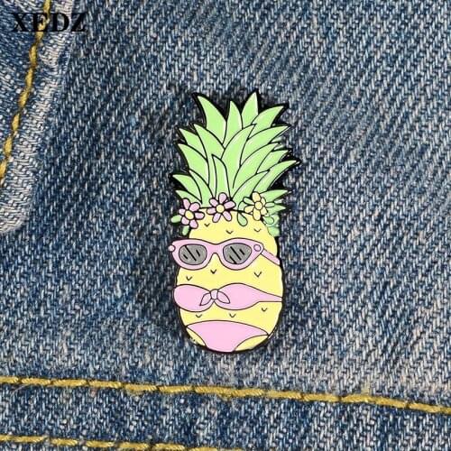 XEDZ Bikini Sunglasses Pineapple delicious Enamel Pin Summer Vacation Pushpin Fruit Badge Short Sleeve Button Brooch Jewelry
