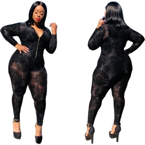 XL-5XL New Celebrity Bodycon Playsuit Fashion Sexy Polyester Stretch Women Jumpsuit Casual Lace Mesh Black Bodysuit