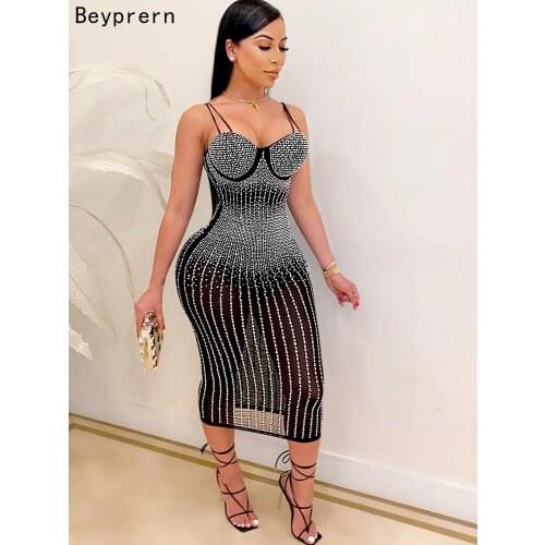 Beyprern Beautiful Crystal Studded Midi Dress For Women Sparkle Spagetti Straps Bodycon Sequin Party Dress Chirstmas Outfits