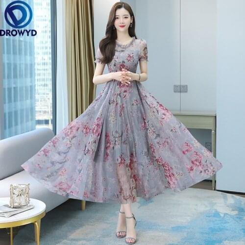 2021 Summer New Temperament Mesh Slim Flower Long Dress Women Short Sleeved Lotus Collar Chiffon Black Gray Clothes Vestidos