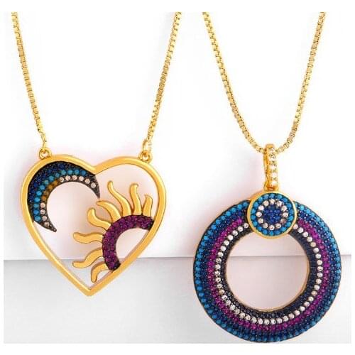 Mone sun heart multicolor micro pave cz zircon cubic zirconia necklace copper Clavicle gold plated Snake Chain Choker Pendant s4