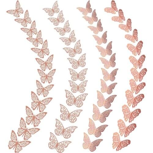 48 PCS 3D Butterfly Wall Decor Rose Gold Stickers 3D Hollow-Out Decorative DIY Home Decor Butterflies Decoration Bedroom