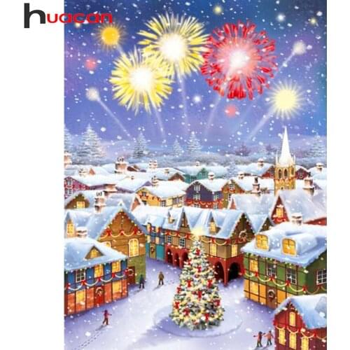 Huacan Diamond Art Painting Mosaic Christmas House Room Decor Diamond Embroidery Winter Scenery Wall Sticker